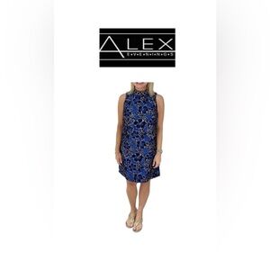 Alex Evenings Silk Blend Blue & Black Beaded Halter Mini Dress 8
